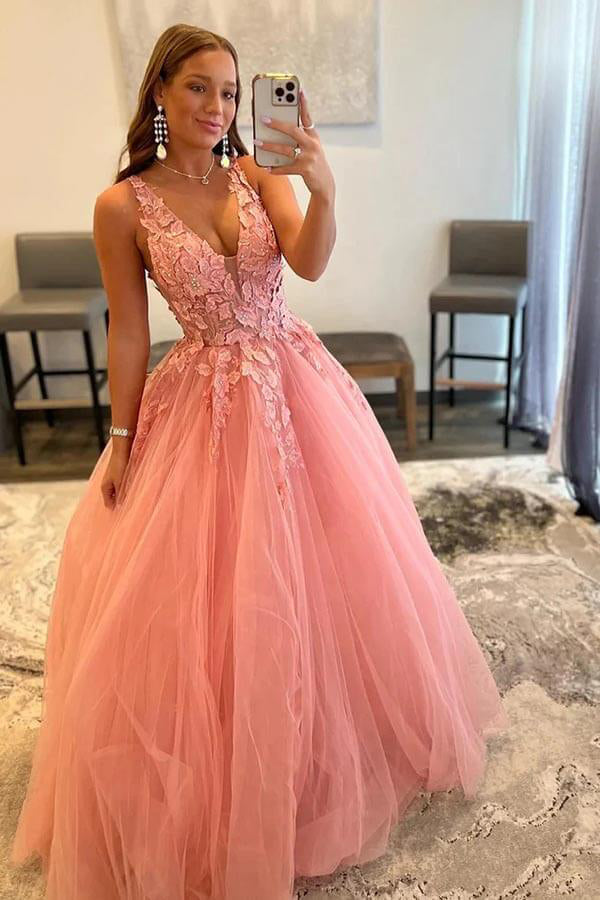 A-Line V Neck Tulle Appliques Blush Pink Prom Dress with Slit PSK472 US0 / Custom Color A-Line V Neck Tulle Appliques Blush Pink Prom Dress with Slit PSK472 US0 / Custom Color