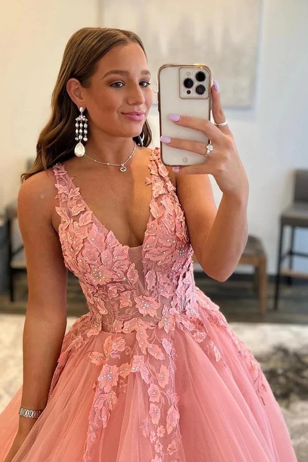 A-Line V Neck Tulle Appliques Blush Pink Prom Dress with Slit PSK472-Pgmdress