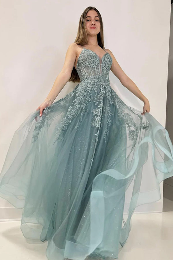 A-Line V Neck Tulle Lace Gray Green Long Prom Dress  PSK506-Pgmdress