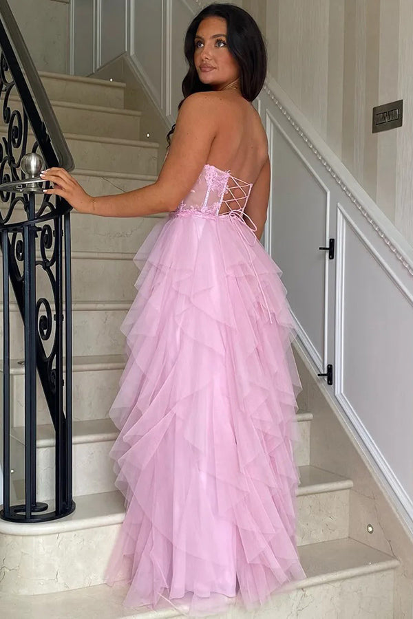 A-Line Ruffles Appliques Corset Pink Long Prom Dress with Slit PSK604-Pgmdress