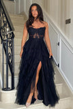 A-Line Ruffles Appliques Corset Black Long Prom Dress with Slit PSK604-Pgmdress