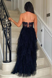 A-Line Ruffles Appliques Corset Black Long Prom Dress with Slit PSK604-Pgmdress