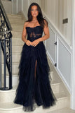 A-Line Ruffles Appliques Corset Black Long Prom Dress with Slit PSK604-Pgmdress