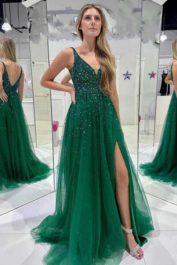 A-line Dark Green V Neck Sequined Tulle Prom Dresses PSK486-Pgmdress