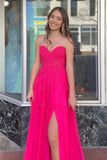 A-line Hot Pink Strapless Floral Appliques Long Prom Dress PSK495-Pgmdress