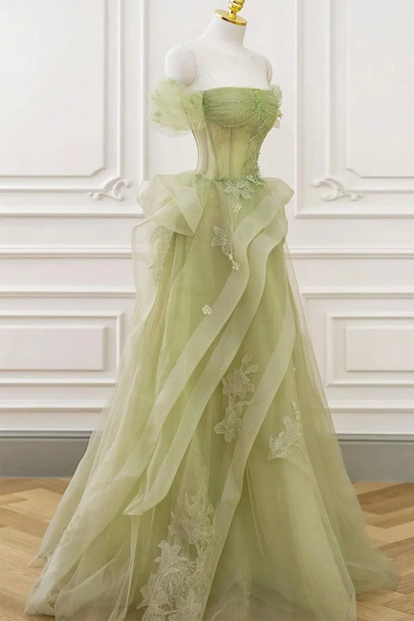 A-line Off Shoulder Green Prom Dress Formal Dress With Corset PSK710-Pgmdress
