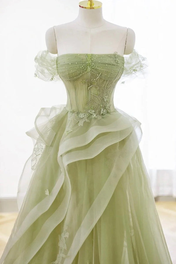 A-line Off Shoulder Green Prom Dress Formal Dress With Corset PSK710-Pgmdress