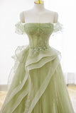 A-line Off Shoulder Green Prom Dress Formal Dress With Corset PSK710-Pgmdress