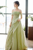 A-line Off Shoulder Green Prom Dress Formal Dress With Corset PSK710-Pgmdress