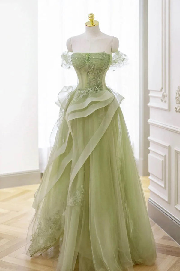 A-line Off Shoulder Green Prom Dress Formal Dress With Corset PSK710-Pgmdress
