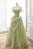 A-line Off Shoulder Green Prom Dress Formal Dress With Corset PSK710-Pgmdress