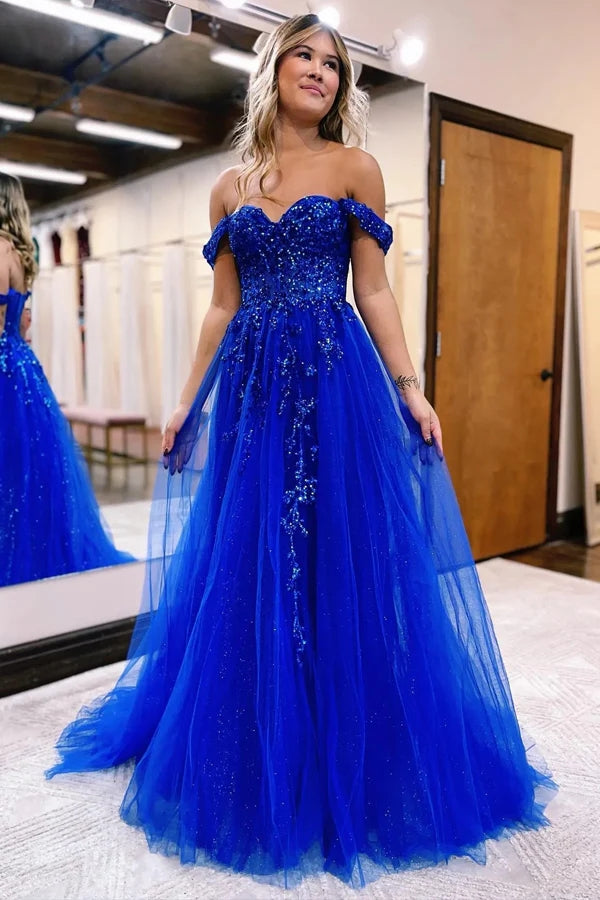 A-line Off The Shoulder Prom Dress Formal Gown With Appliques PSK519-Pgmdress
