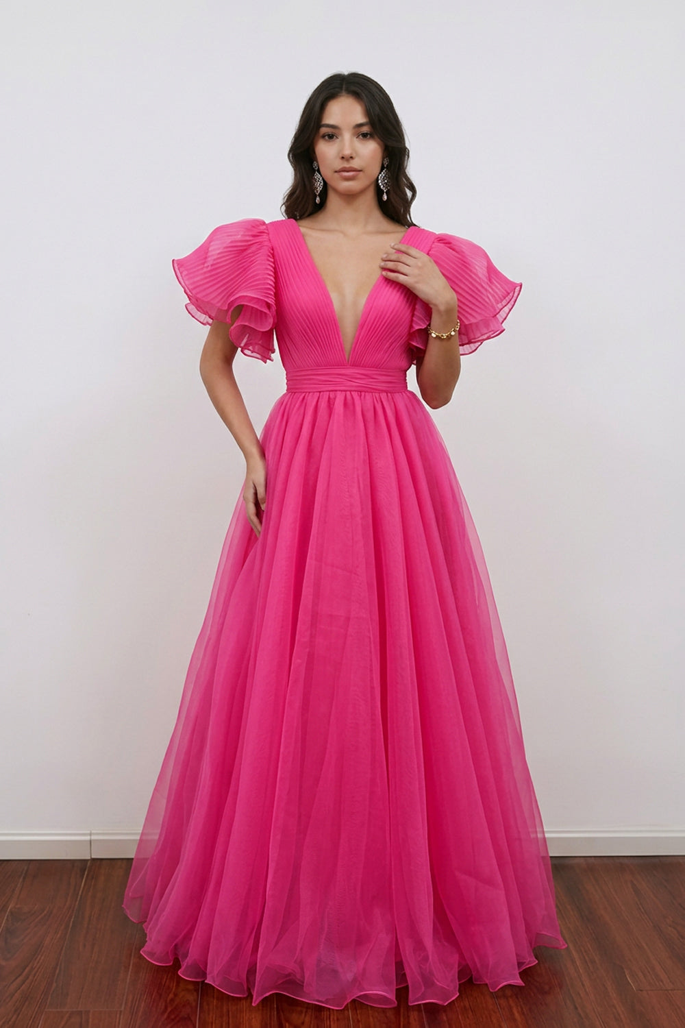 A-line Plunge V Ruffled Sleeve Hot Pink Long Prom Dress Formal Dress Pgmdress A-line Plunge V Ruffled Sleeve Hot Pink Long Prom Dress Formal Dress Pgmdress