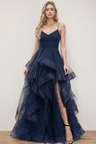 Robe de bal princesse trapèze, col en V, traîne longue, tulle bleu marine