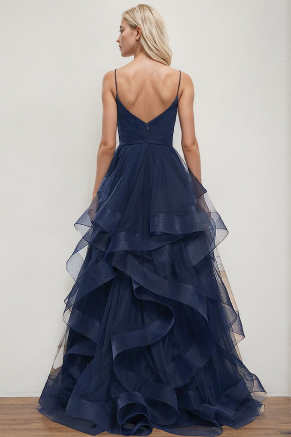 Robe de bal princesse trapèze, col en V, traîne longue, tulle bleu marine