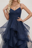 Robe de bal princesse trapèze, col en V, traîne longue, tulle bleu marine