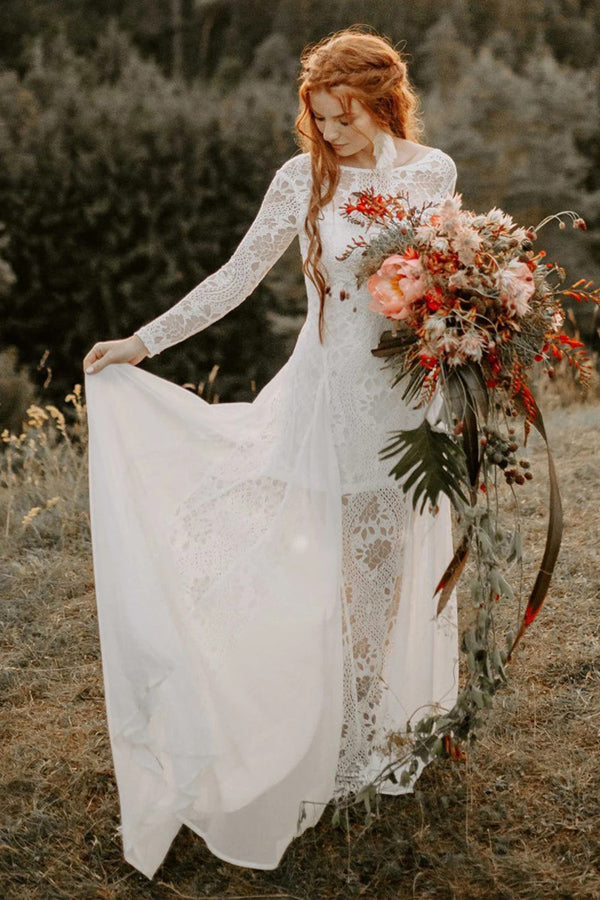 A-Line Scoop Neck Backless Long Sleeves Beach Wedding Dresses WD703 Custom Size / Custom Color A-Line Scoop Neck Backless Long Sleeves Beach Wedding Dresses WD703 Custom Size / Custom Color