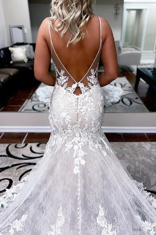 Robe de mariée sirène à bretelles spaghetti et coupe trapèze avec appliques en dentelle WD693
