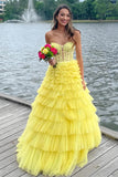 A-line Strapless Layered Yellow Long Prom Dress Party Dress PSK621-Pgmdress