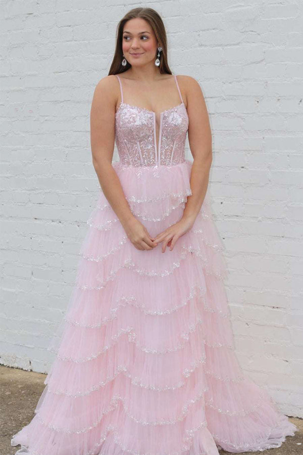 A-line Straps Plunging Neck Pink Sequin Lace Prom Dresses PSK484-Pgmdress