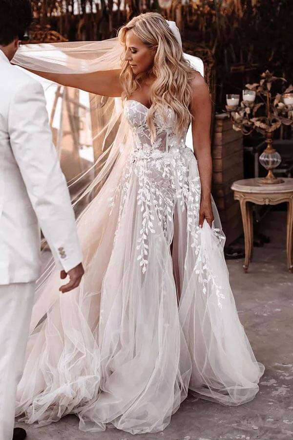 A-line Sweetheart Lace Appliques Boho Long Wedding Dress WD753 US2 / Custom Color A-line Sweetheart Lace Appliques Boho Long Wedding Dress WD753 US2 / Custom Color