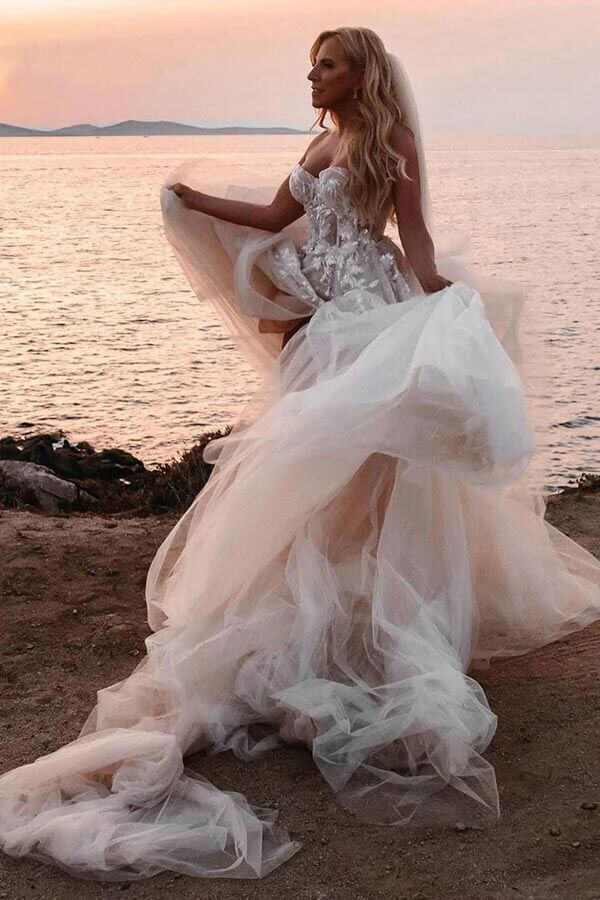 A-line Sweetheart Lace Appliques Boho Long Wedding Dress WD753-Pgmdress