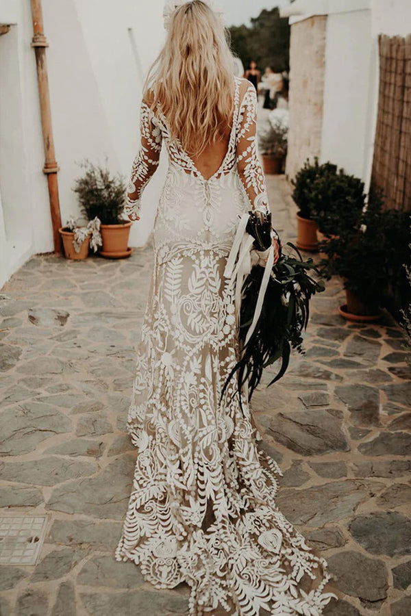 Sheath Unique Lace Long Sleeves Bohemian Wedding Dress  WD752-Pgmdress