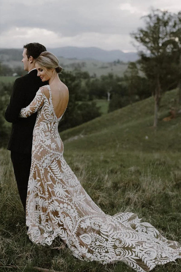 Sheath Unique Lace Long Sleeves Bohemian Wedding Dress WD752 US2 / Nude Lining