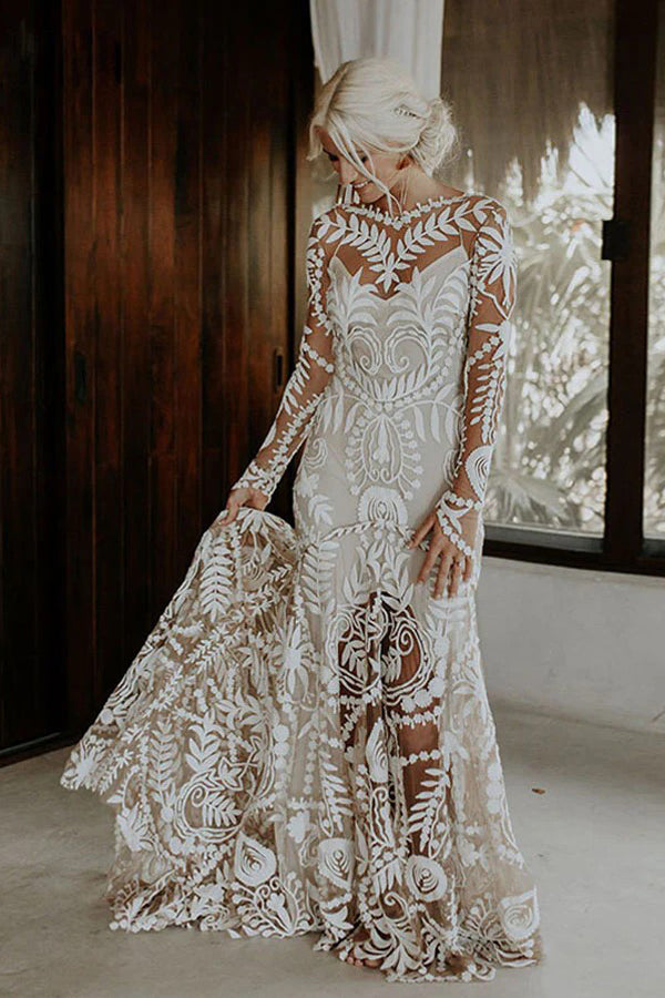 Sheath Unique Lace Long Sleeves Bohemian Wedding Dress WD752 US8 / Custom Color Sheath Unique Lace Long Sleeves Bohemian Wedding Dress WD752 US8 / Custom Color