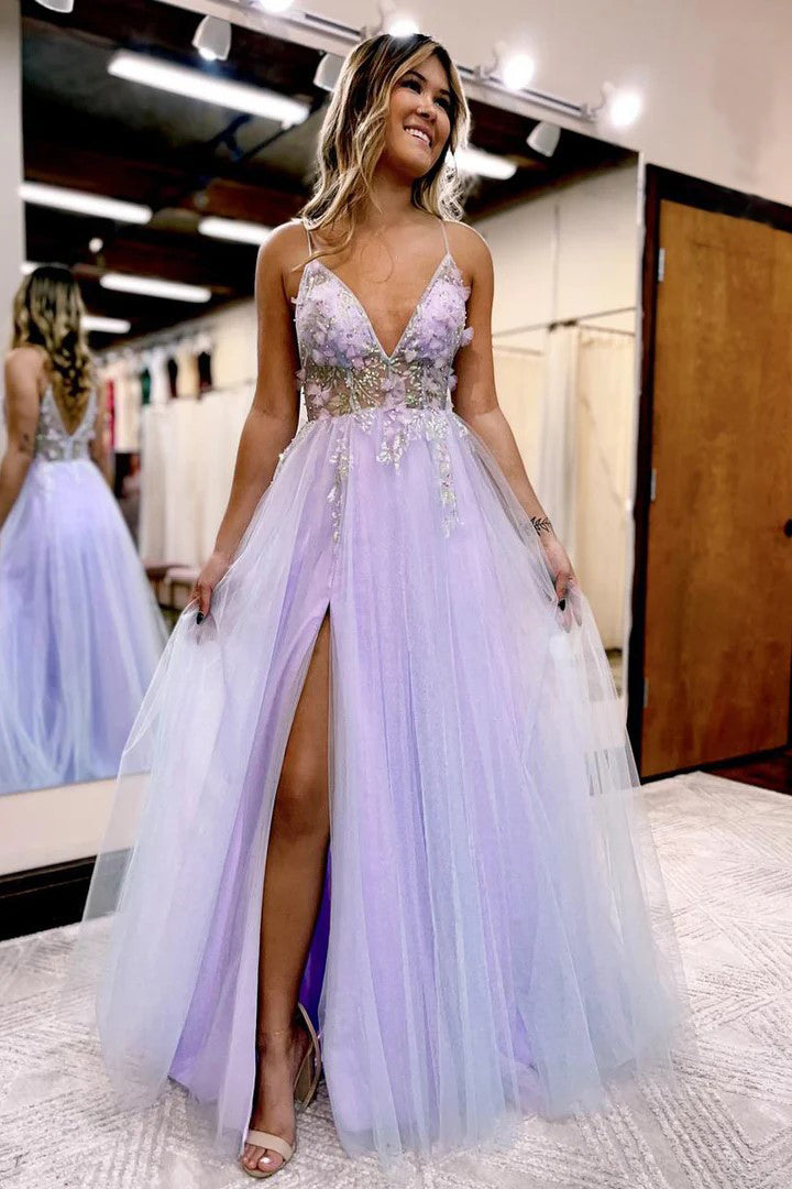 Purple Tulle A-line V-neck Spaghetti Straps Prom Dress With Lace Appliques,  SP618