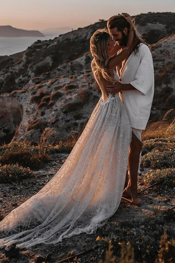A-line V-neck Backless Sequin Beach Wedding Dress Bridal Gown-Pgmdress