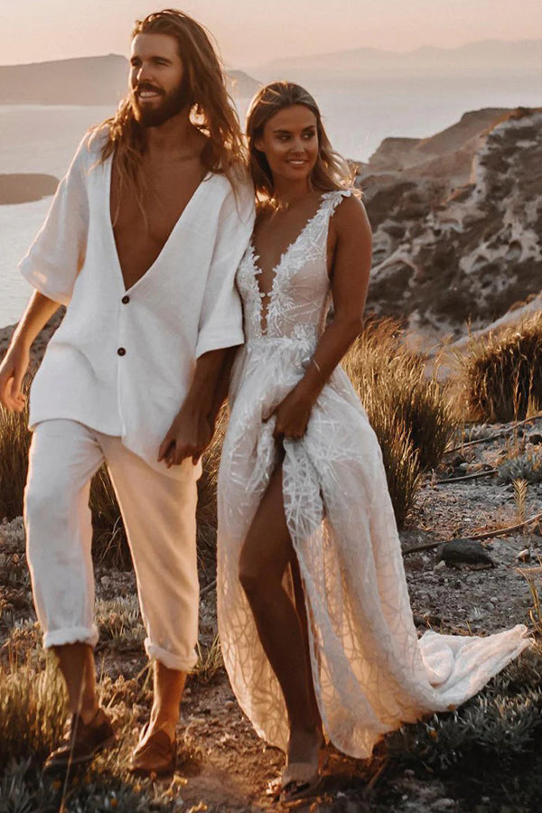 A-line V-neck Backless Sequin Beach Wedding Dress Bridal Gown-Pgmdress