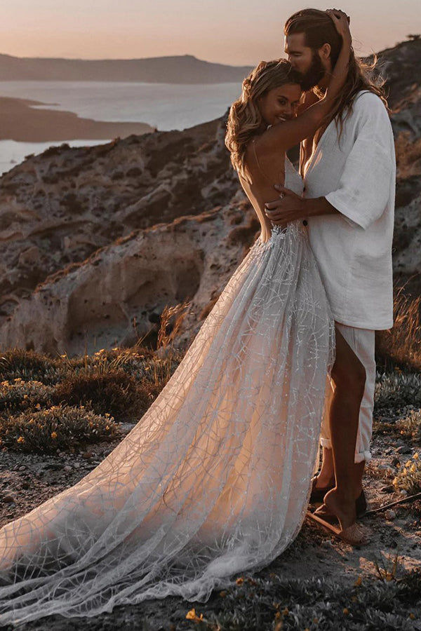 A-line V-neck Backless Sequin Beach Wedding Dress Bridal Gown-Pgmdress