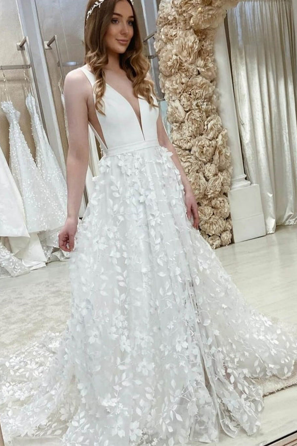 navy blue dress for baby girl Elegant Satin A-line V-neck Sweep Train Wedding Dresses, Bridal Gown, MW621 main image 1
