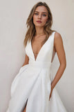 A-line V Neck Ivory Satin Simple Long Wedding Dress With Slit-Pgmdress