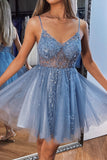 A-line V Neck Mini Tulle Homecoming Dress with Beading Sequins PD499