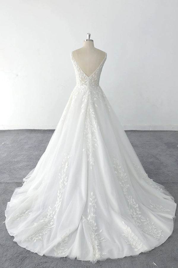 A-line Light Wedding Dress 3D Tree Leaf Lace Beach Wedding Dress-Pgmdress
