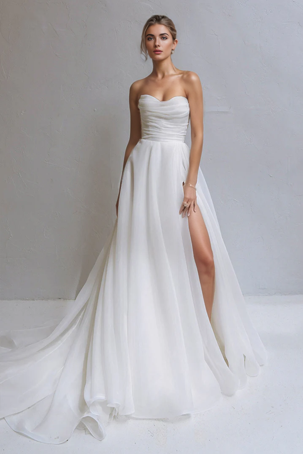 A-line Sweetheart Pleats Beach Wedding Dress Rustic Bridal Gown-Pgmdress