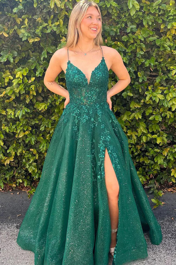 A-line V-neck Lace Appliques Dark Green Long Prom Dress PSK634-Pgmdress