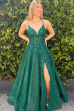 A-line V-neck Lace Appliques Dark Green Long Prom Dress PSK634