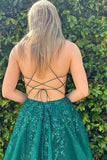 A-line V-neck Lace Appliques Dark Green Long Prom Dress PSK634-Pgmdress
