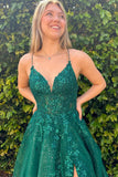 A-line V-neck Lace Appliques Dark Green Long Prom Dress PSK634-Pgmdress