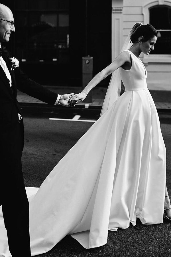 A Line Deep V Neck Open Back White Long Wedding Dresses Bridal Gown WD641-Pgmdress