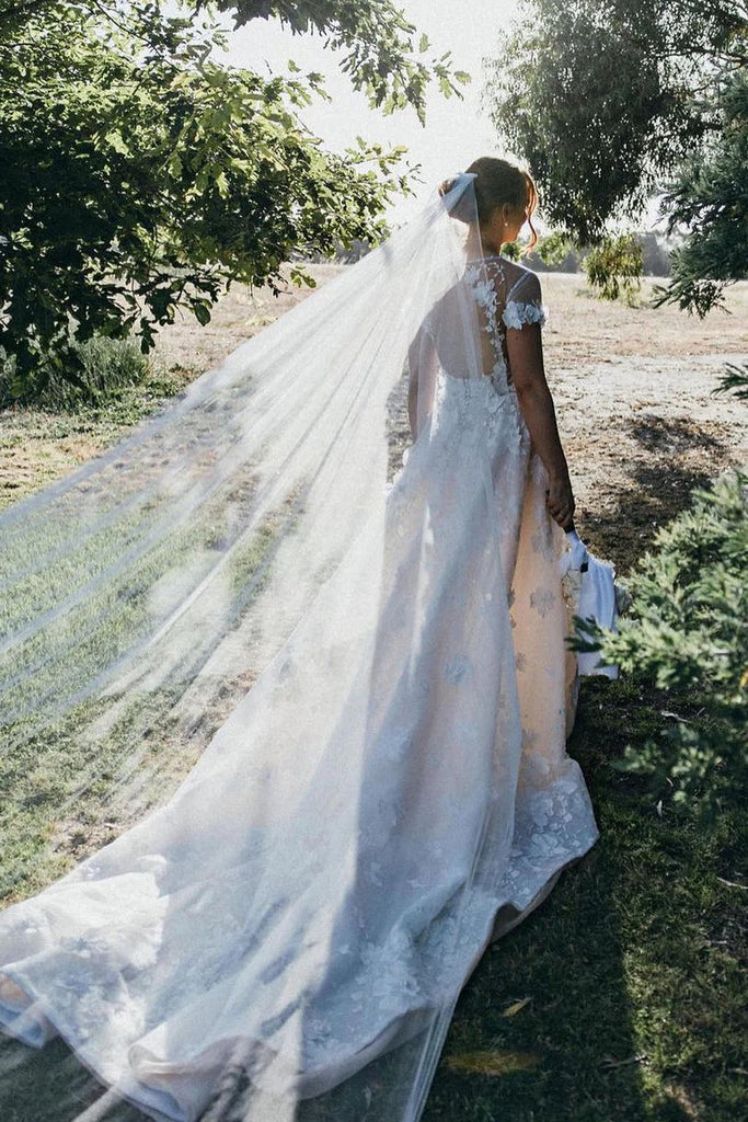 A Line Deep V Neck Tulle 3D Lace Fairy Wedding Dress WD774-Pgmdress