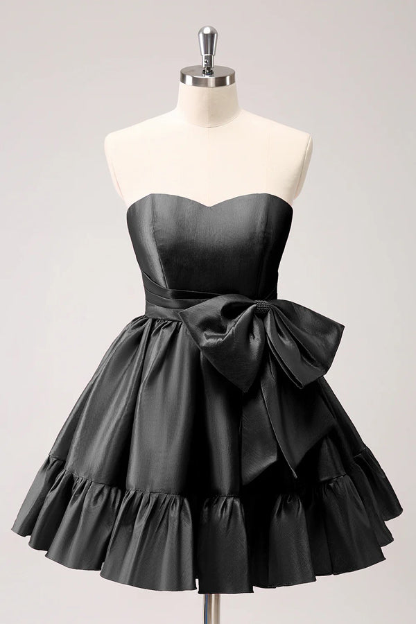 A Line Fuchsia Strapless Ruffle Cute Homecoming Dress with Bow PD558 US2 / Black