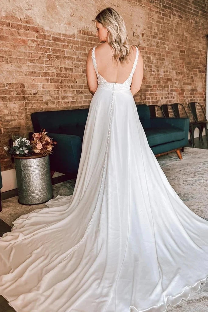 A Line Ivory Floral Lace Open Back Long Wedding Dresses WD686-Pgmdress