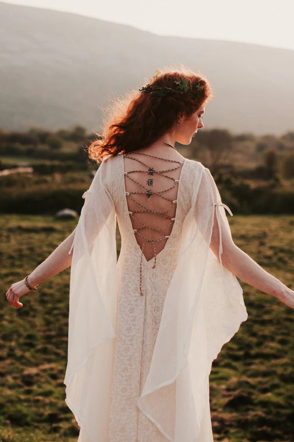 A Line Lace Long Sleeves Boho Wedding Dress Fairytale Bridal Dress-Pgmdress