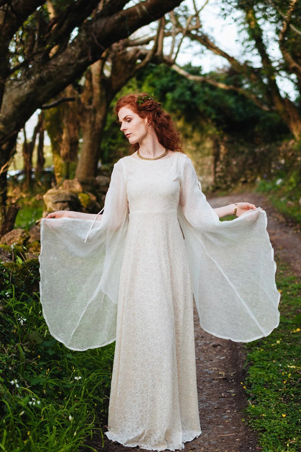 A Line Lace Long Sleeves Boho Wedding Dress Fairytale Bridal Dress-Pgmdress