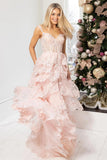 A Line Lace Tiered Stunning Prom Dress Evening Dress With Split PSK456