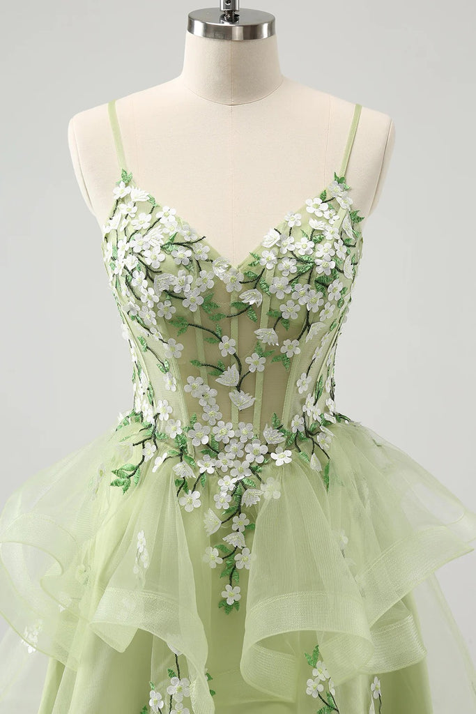 A Line Light Green Corset Short Homecoming Dress with 3D Flowers-Pgmdress